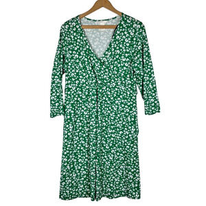 H&M Maternity Dress Large Green White Block Print Floral Knit V Neck 3/4 Sleeve